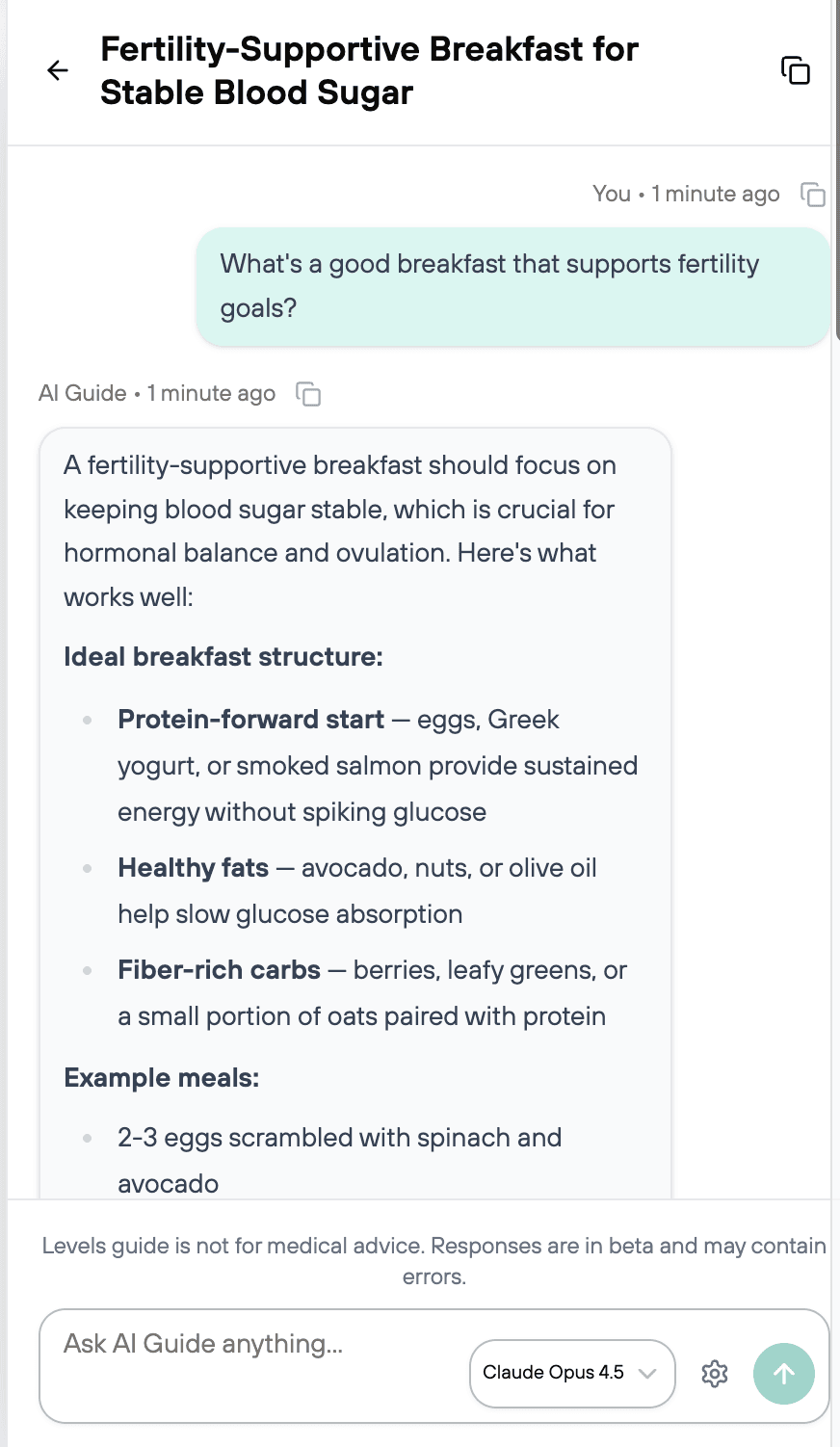 Levels AI guide conversation about fertility-supportive breakfasts