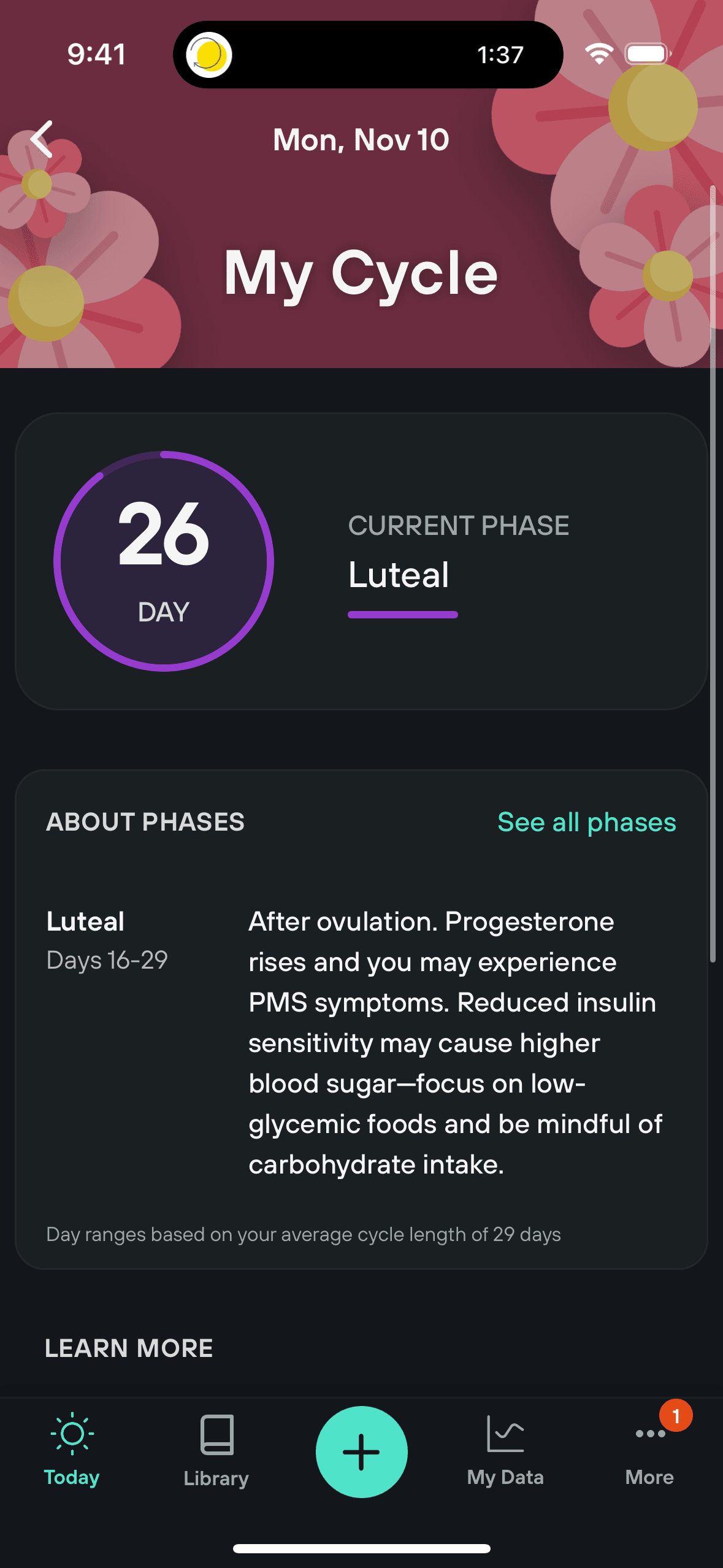 Cycle tracking in the Levels app