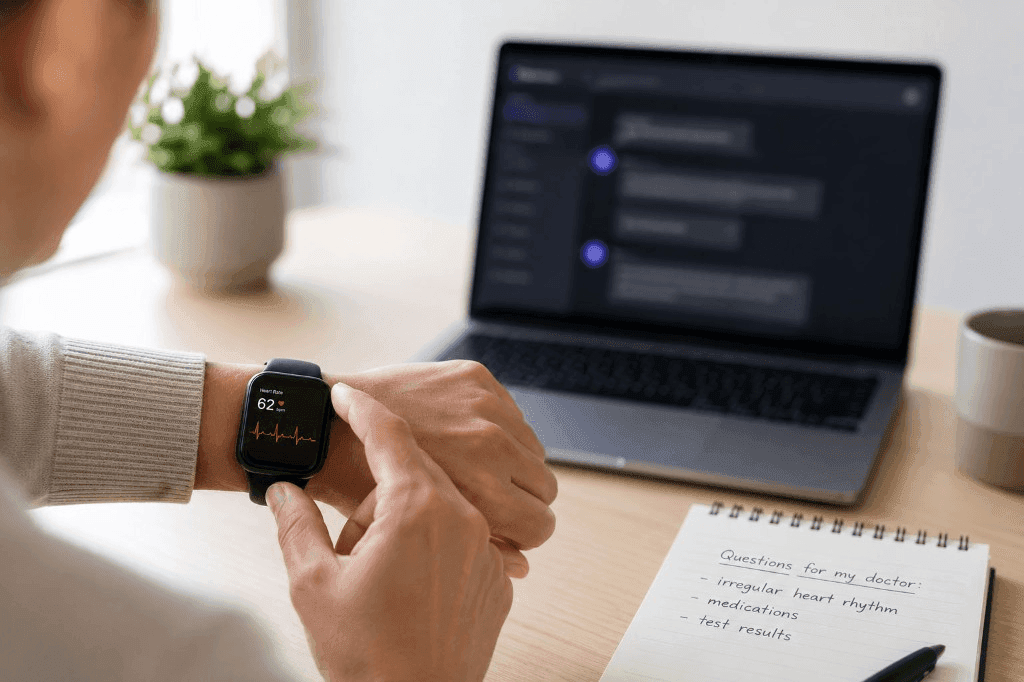 Hands at a desk wearing a smartwatch showing heart rate and EKG waveform, beside a notebook titled Questions for my doctor and a laptop with a chat-style interface.