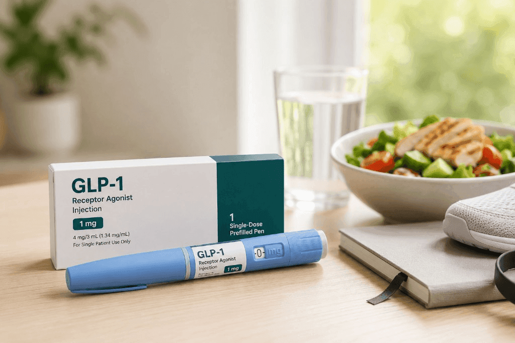 A GLP-1 receptor agonist injection pen and box beside a healthy salad and water, illustrating GLP-1 medications for obesity and weight management.
