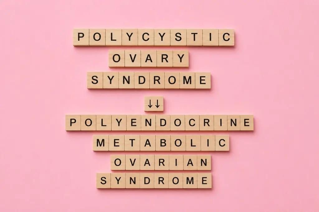 Scrabble tiles spelling out polycystic ovary syndrome being renamed polyendocrine metabolic ovarian syndrome