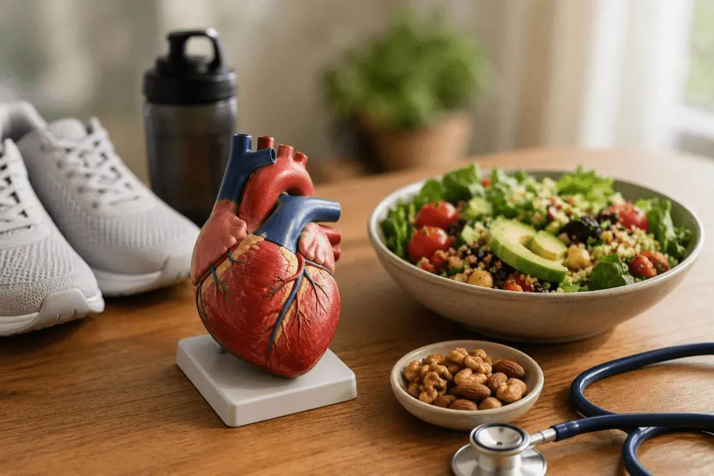 An anatomical heart model on a wooden table beside running shoes, a water bottle, a bowl of salad, mixed nuts, and a stethoscope, illustrating lifestyle interventions for cardiovascular risk.