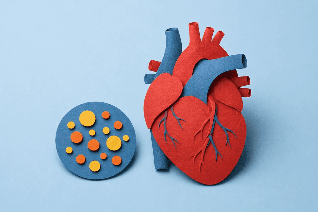 Paper art of a red-and-blue heart model beside a cross-section of yellow and orange dots representing lipoprotein particles, on a light blue background.
